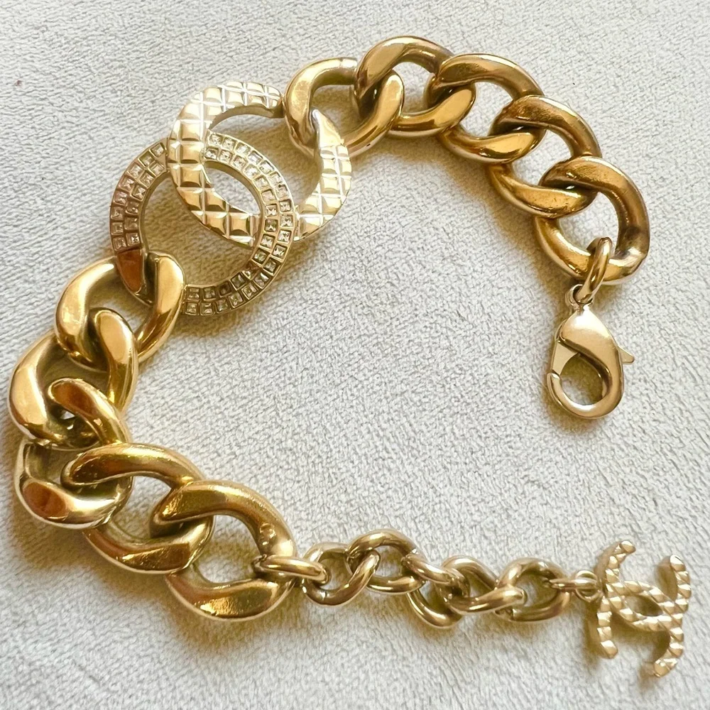 CHANEL Rhinestone CC Logo Chunky Chain Bracelet
